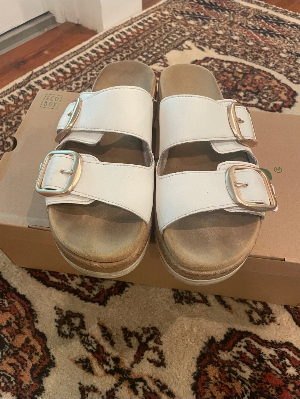 Remonte White Double-Buckle Slide Sandals